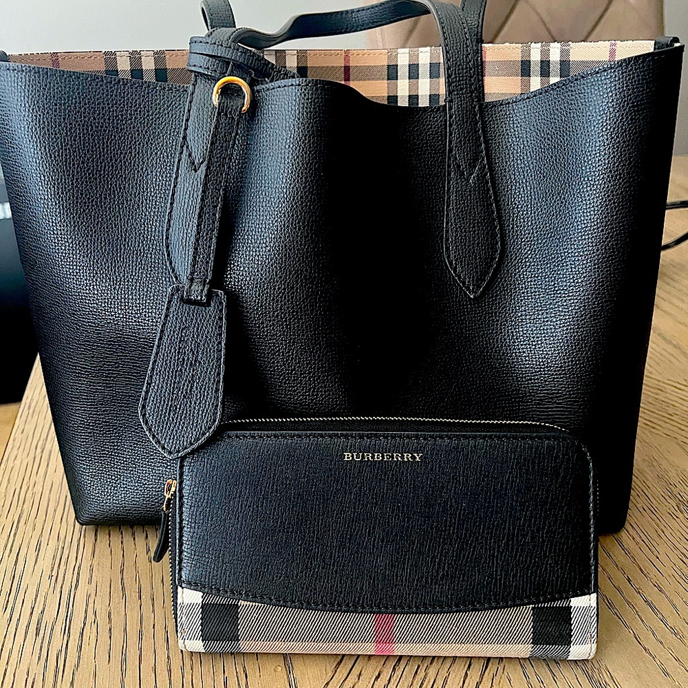 Burberry reversible Haymarket medium tote and wallet.